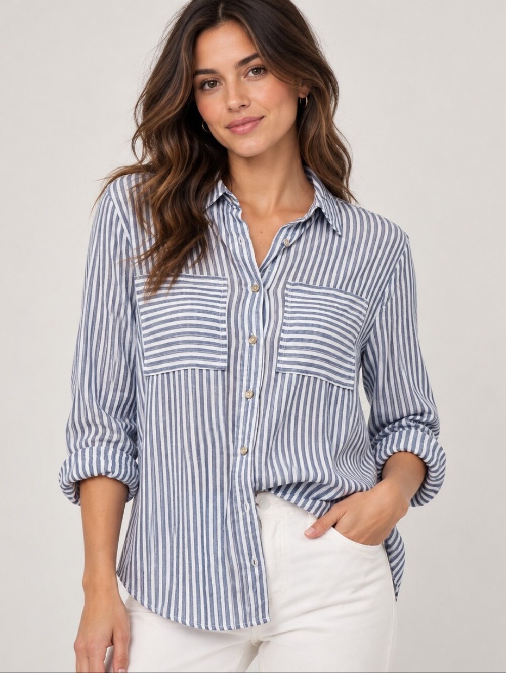 Eden & Olivia Blue White Striped Button Down Shirt Roll Tab Sleeve M